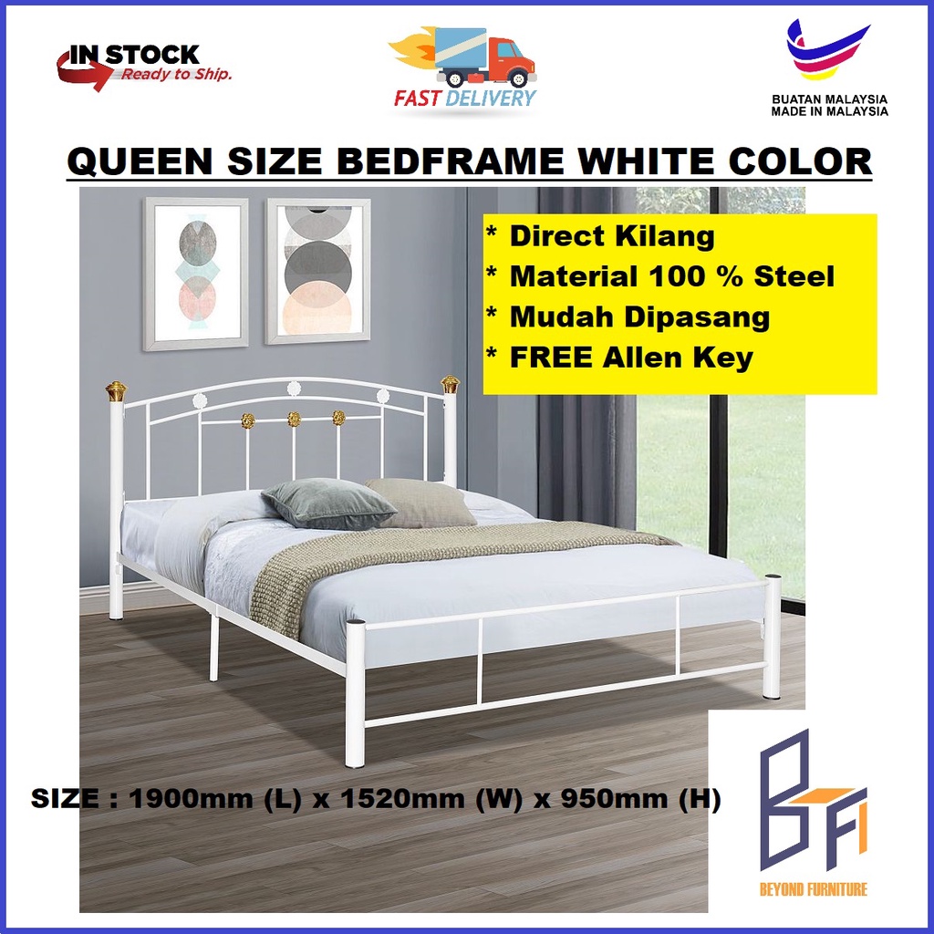 READY STOCK KEDAH Queen Bed Frame 100 Metal White Bedframe Katil