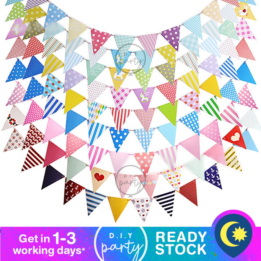 READY STOCK Birthday Flag Blue Pink Triangle Paper Bunting Banner Flag