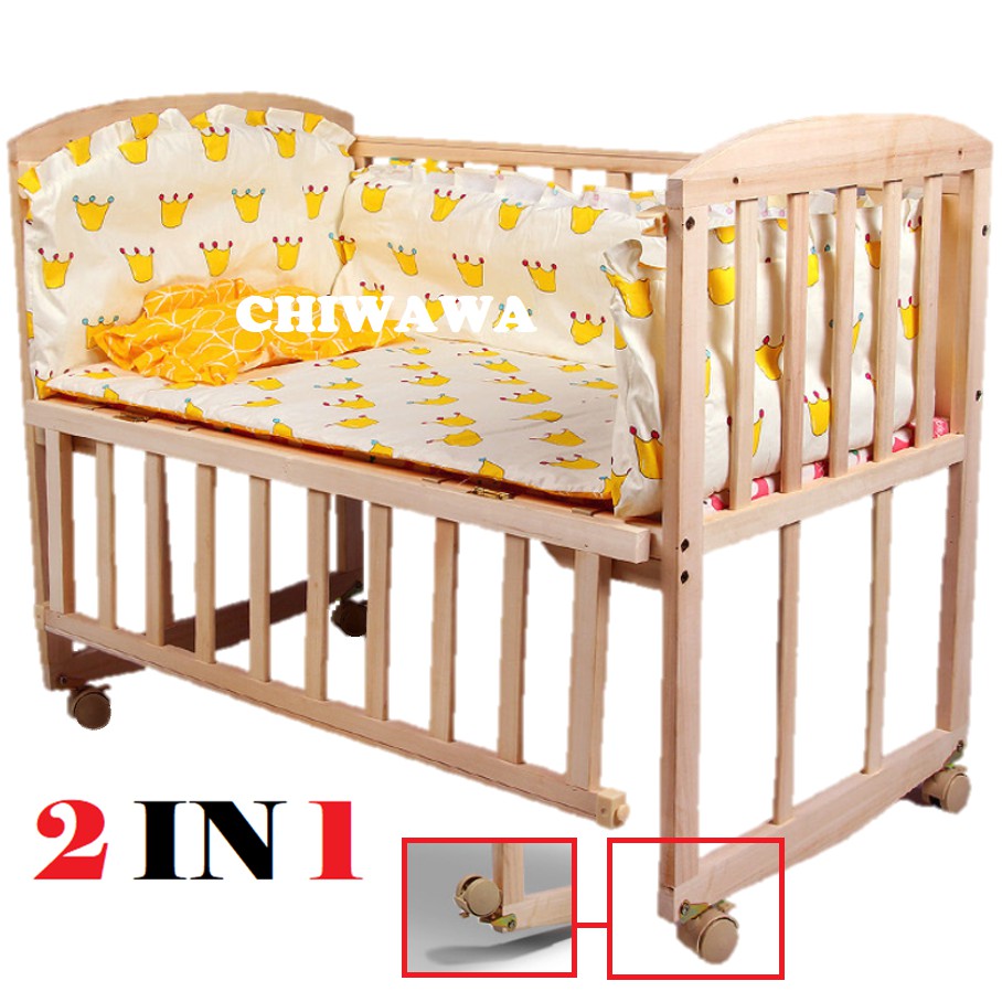 2 IN 1 Solid Wooden Baby Bed Rocking Cradle Cots with Wheels Shopee