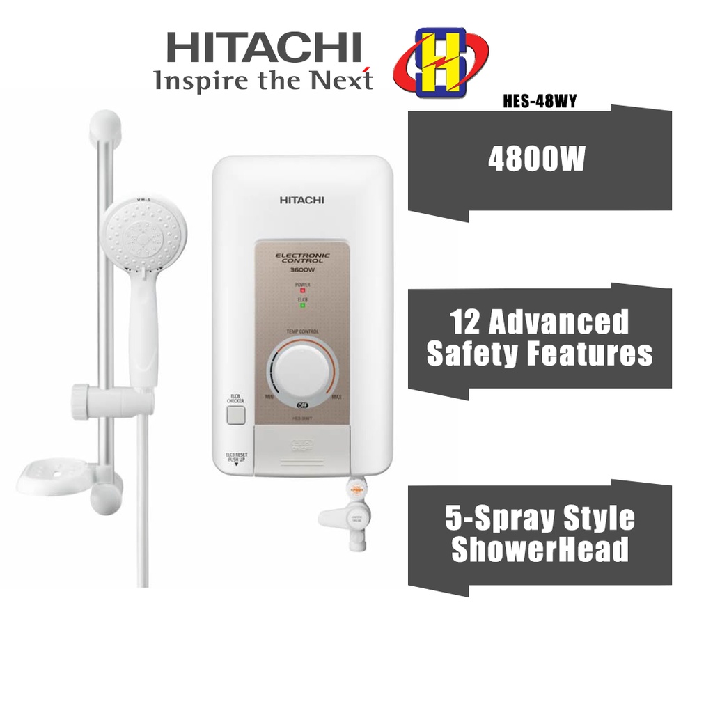 Hitachi Water Heater (4800W) 12-Safety Features 5-Spray Style ShowerHead Instant Water Heater HES-48WY