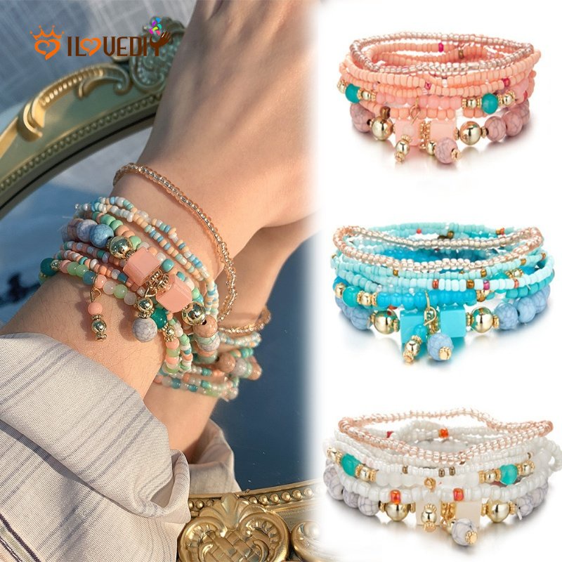 8Pcs/Set Women Colorful Rice Beads Stretch Bracelet /Girls Bohemia Charm Multilayer Beads Crystal Stone Bracelets /Popular Fashion Gifts Jewellery Accessories