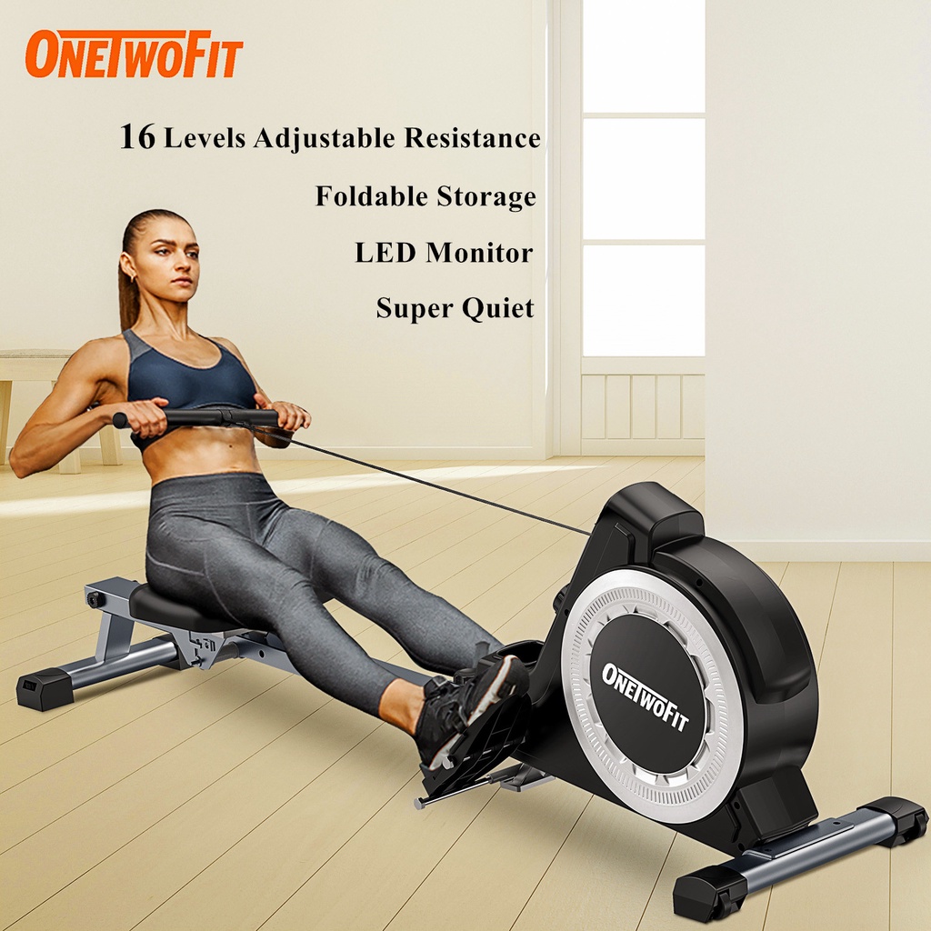 ONETWOFIT Home Rowing Machine with 16 Level Adjustable Resistance Indoor Rower for Home Gym Cardio Training 220 lb Max Weight Magnetic Rowing Machine with LCD Monitor 