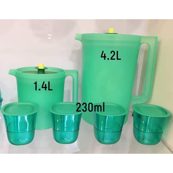 Tupperware Blossom Green Giant Pitcher 4.2L & 1.4L Crystalline Short Glass 230ml