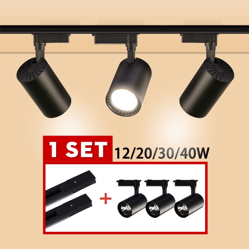 Led Track Light Set 3Light + 1M Rail 12/20/30/40W Spotlight Lampu Track