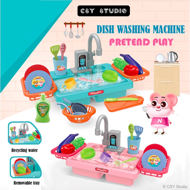 Kitchen Sink Pretend Play Sink with Running Water Electric Dishwasher Toys for Kids Dishwash Mainan Dapur