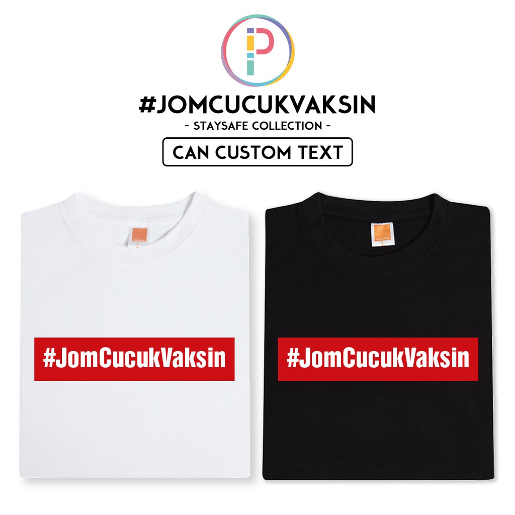 [Adult/Kid] #JomCucukVaksin Hashtag T-shirt T Shirt Baju Vaccine Vaksin Stay Home Red Box Trendy (Custom Name/Name/Text)