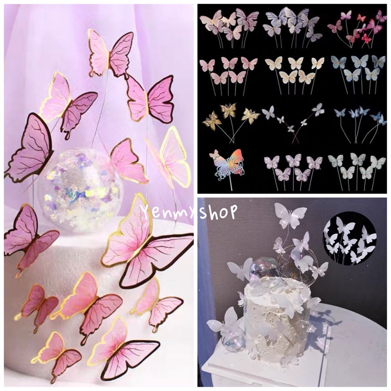 Butterfly Theme Cake Topper Cake Decoration Pearl Wishing Ball Pink Purple Butterfly with Gold Lining Hiasan Kek 蝴蝶蛋糕装饰