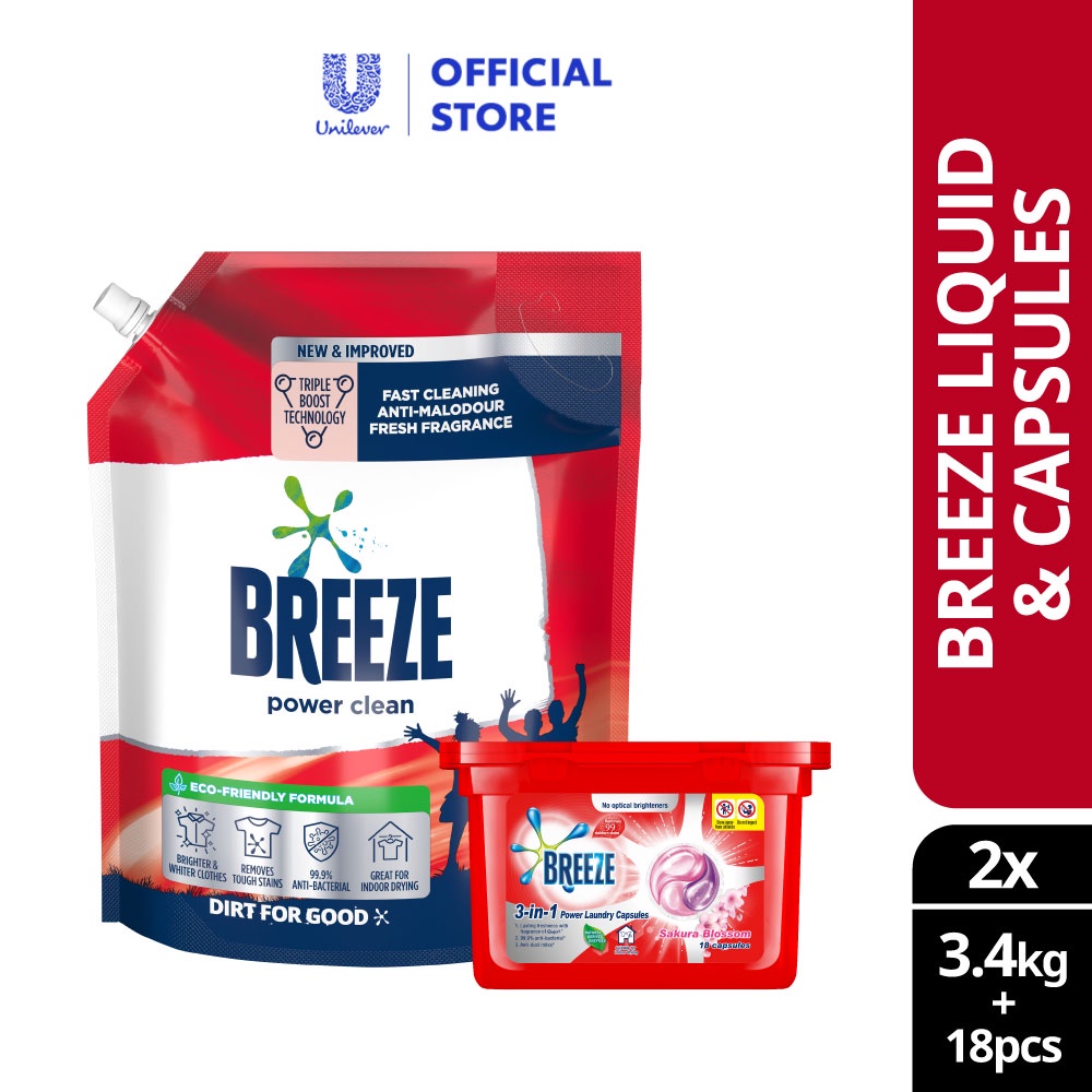 Breeze Liquid Refill Detergent Power Clean 3.4kg + Breeze 3in1 Capsule Detergent Sakura Blossom