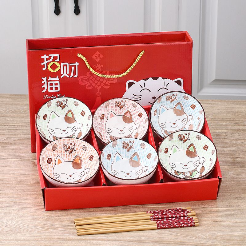 Lucky Cat Ceramic Rice Bowl Gift Set Mangkuk 招财猫陶瓷碗 | Shopee Malaysia