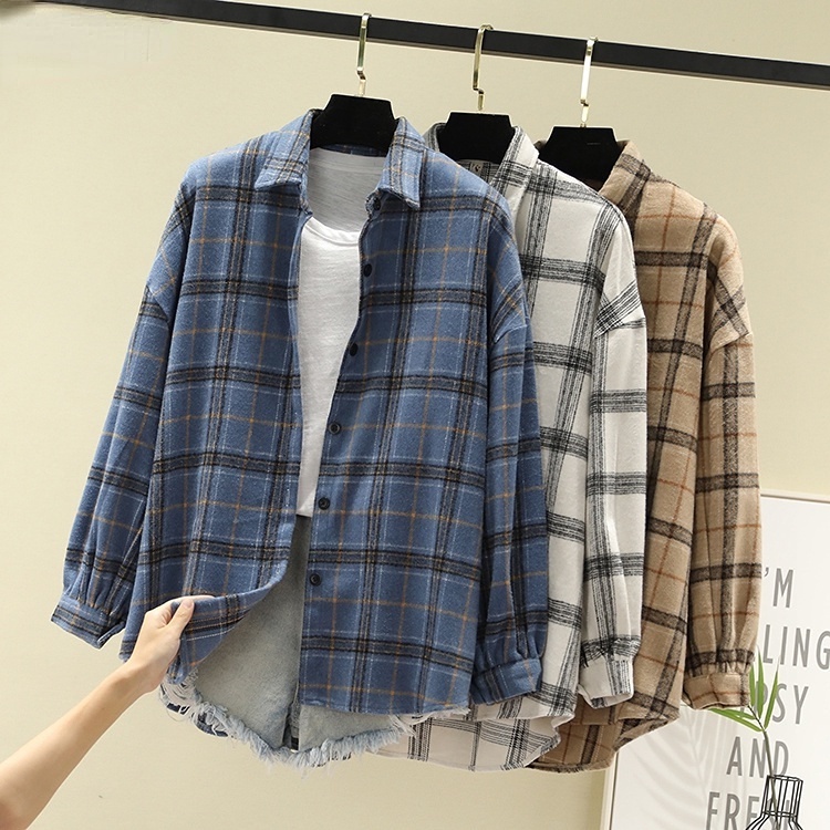 S-3XL Korean Women Loose Plaid Shirt Women's long sleeve shirt blouse baju baju wanita lengan panjang kemeja
