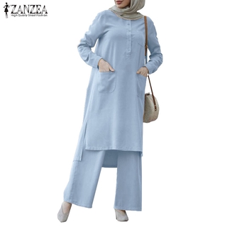 Image of ZANZEA Women Casual Long Sleeve Elastic Waist Front Pockets Muslim Set