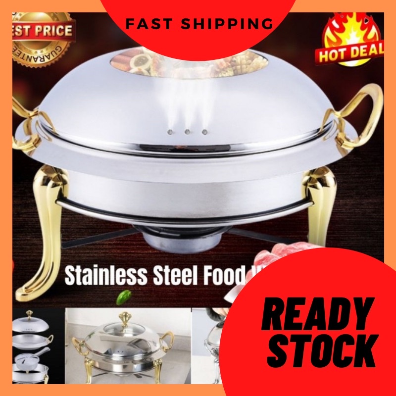 [Ready Stock]Stainless Steel Buffet Royal Gold Set 26cm Round Chafing Dish Serving Tray Catering Set