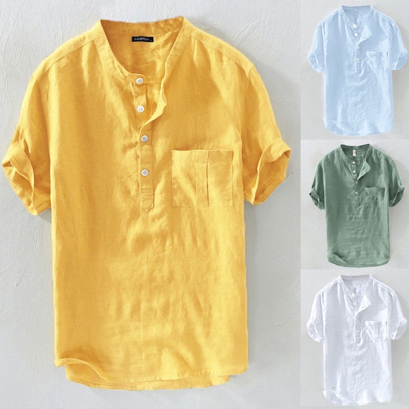 Men's Shirt Casual Short-sleeved Tops Loose Korean Style Cotton Linen T ...