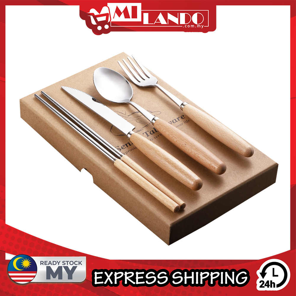 (4 pcs) MILANDO Wood Stainless Steel Cutlery Set Utensil Set Flatware Tableware Set Knife Fork Spoon Chopstick (Type 15)