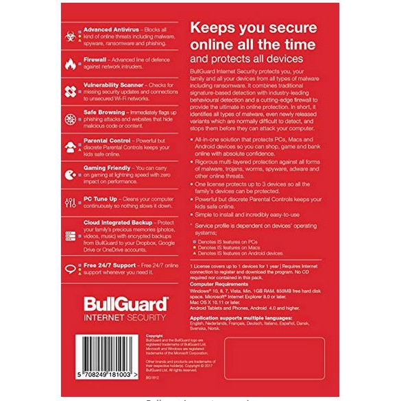 Mac or Android BullGuard Internet Security 2019-5 Device // 1 Year PC