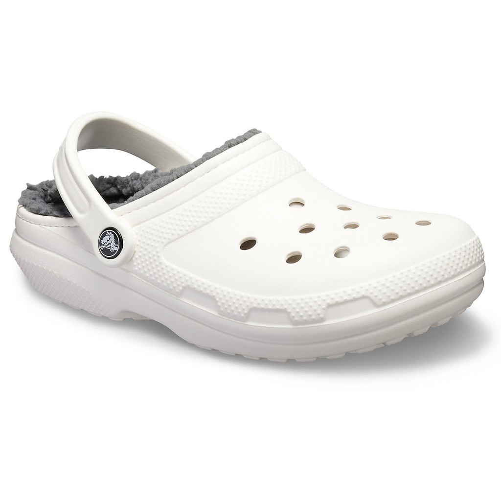 white and grey fuzzy crocs