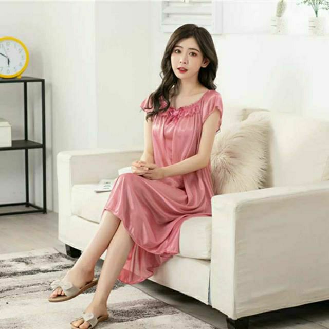 Malaysia readystok Comfort sexy large size pajamas big sleeping dress silky satin silk baju