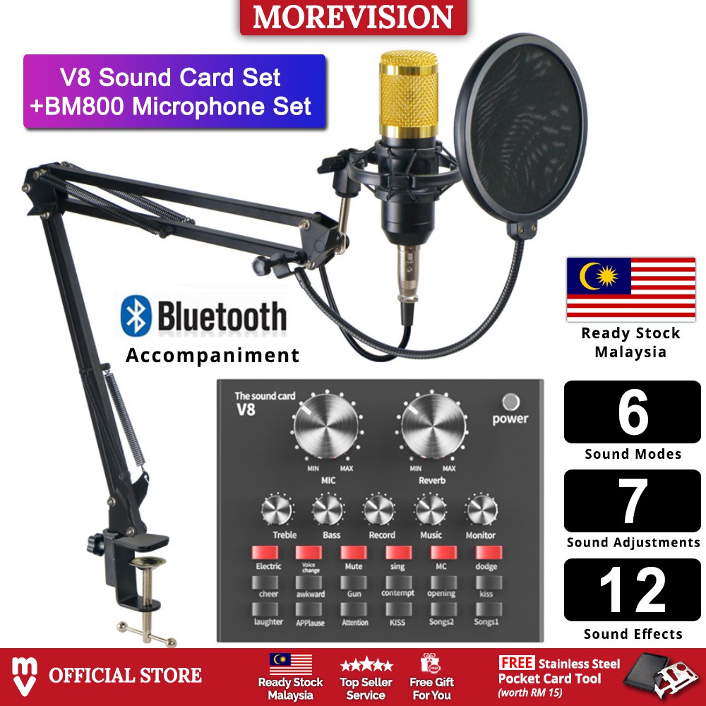 V8 +BM800 Mic Set Condenser Microphone Live Sound Card Bluetooth Audio