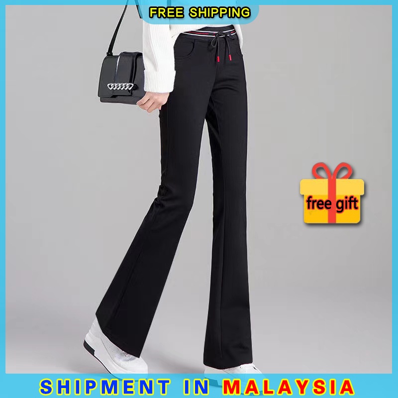 Free Shipping Bootcut Long Pants Women Vintage Black Slim High Waist Pants Seluar Slack Perempuan Wanita Muslimah Hitam