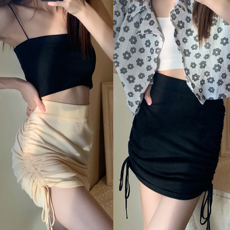 Women High Waist Drawstring Straps Elastic Knit Slim Ruffle Short Skirt