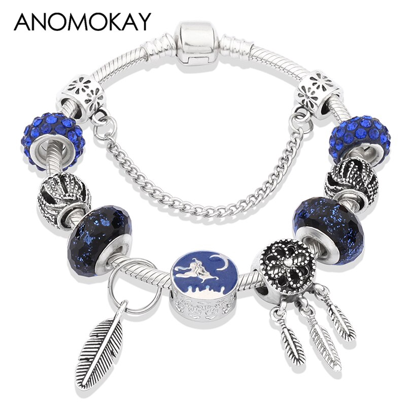 Antique Silver Leaf Dream Cather Bead Pan Bracelet Royal Blue Star Sky Murano Charm Bracelet Diy Jewelry for Child Gift