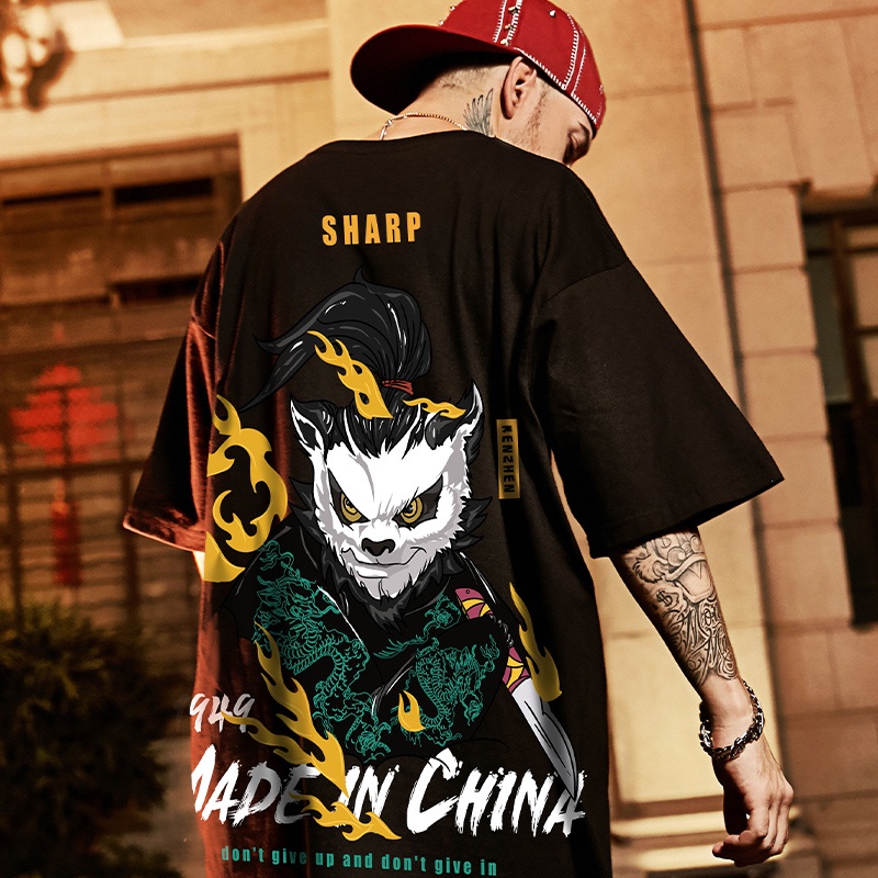 Panda T-shirt Short-sleeved Men S Trendy Brand Loose Plus Size Fat Five-point Sleeve Top Man Baju T Shirt Lelaki