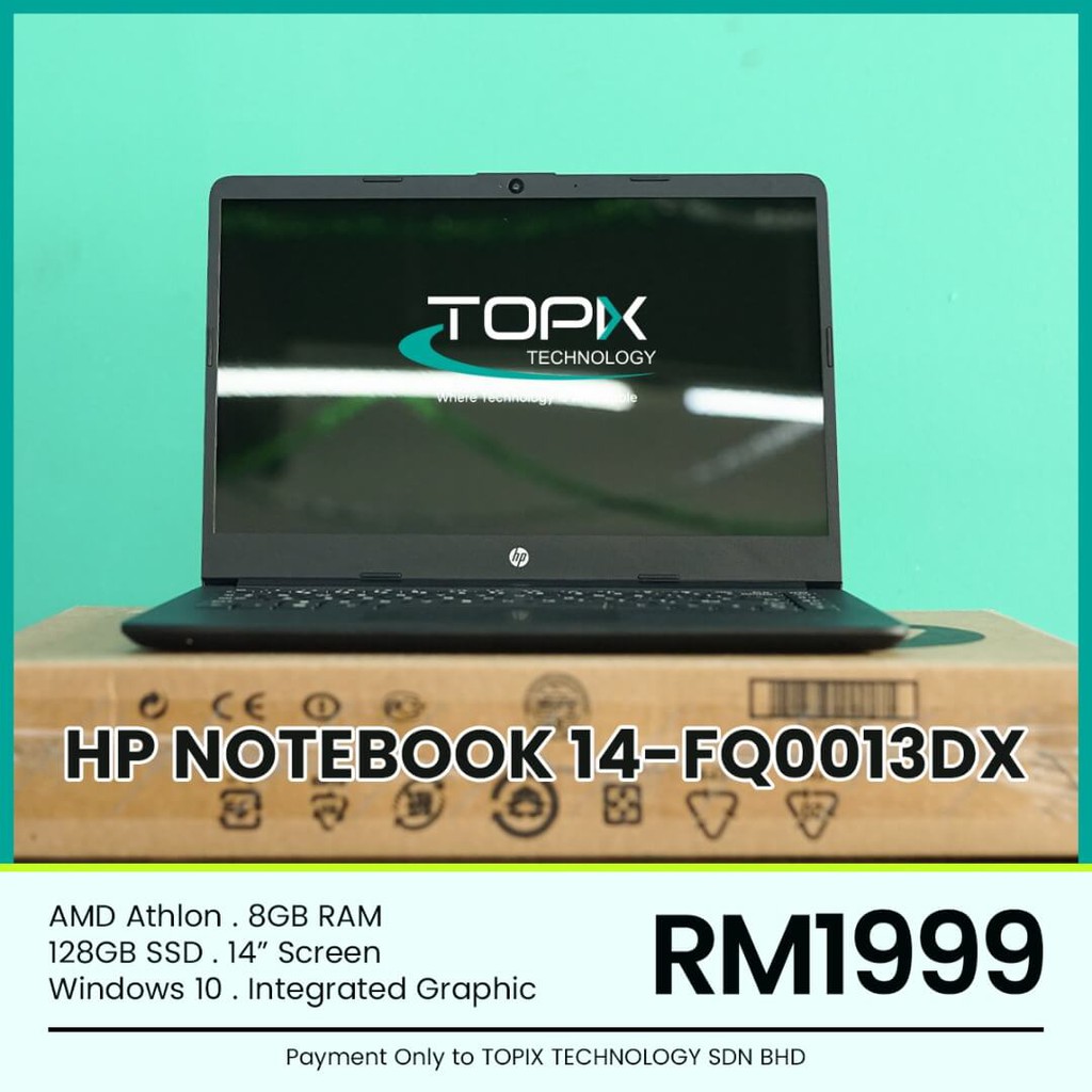 HP Notebook 14FQ0013DX, AMD Athlon, 8GB RAM, 128GB SSD, 14 Inch HD