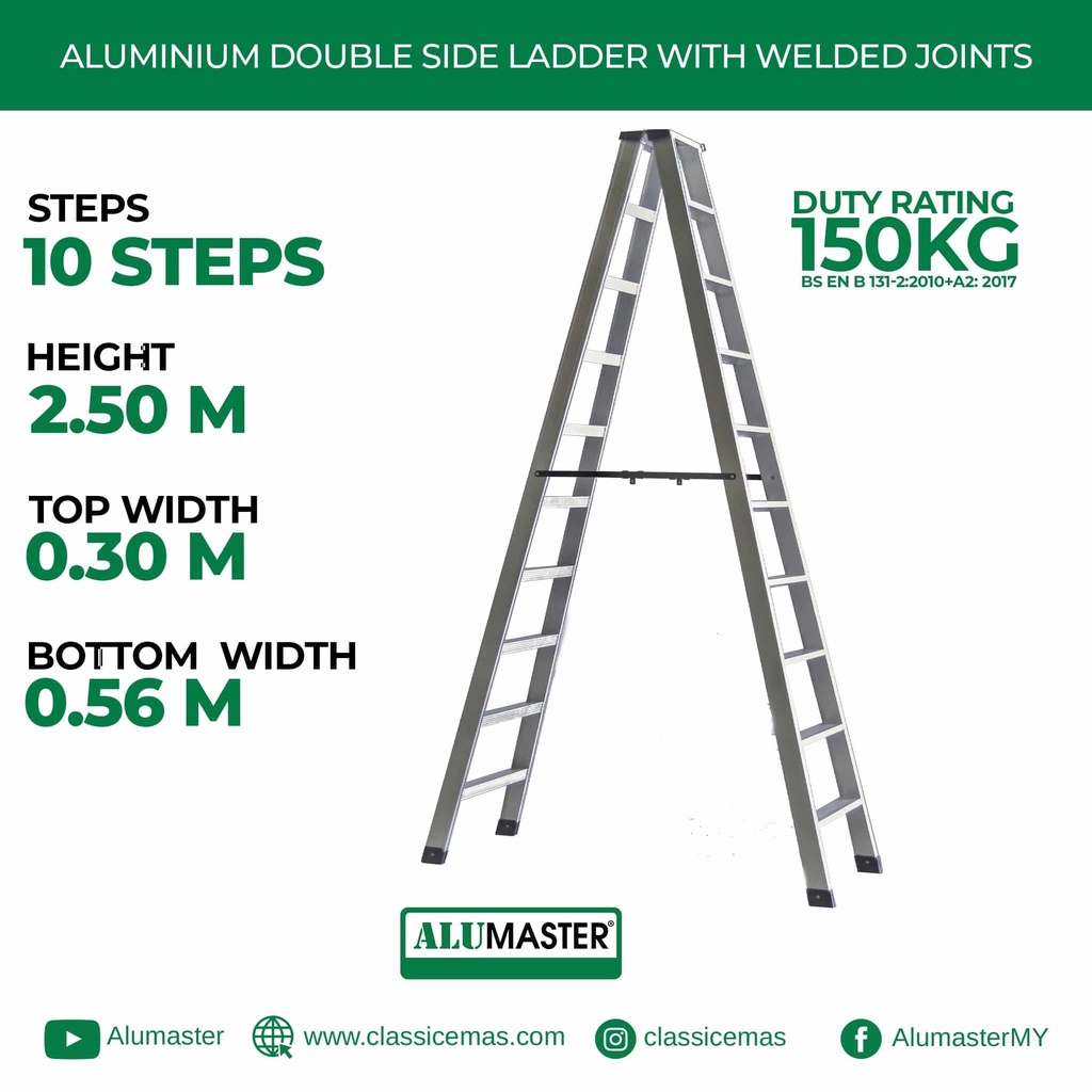 READY STOCK Alumaster Heavy Duty Aluminium Welded Ladder (10 Steps