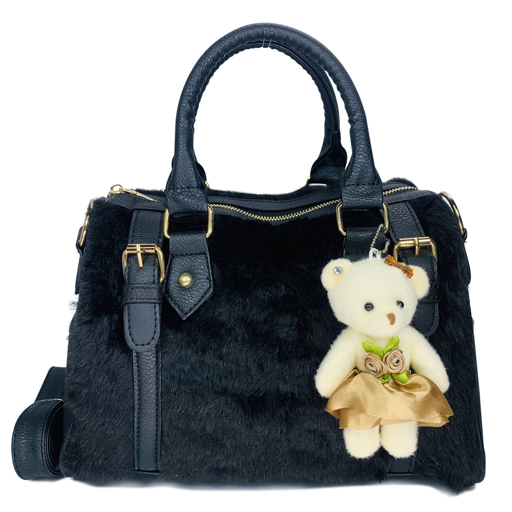 JINGPIN 2 Pcs/Set Lady Casual Purse Bear Pendant Handbag Winter Soft Plush Female Shoulder bag PU Leather Boston Bag