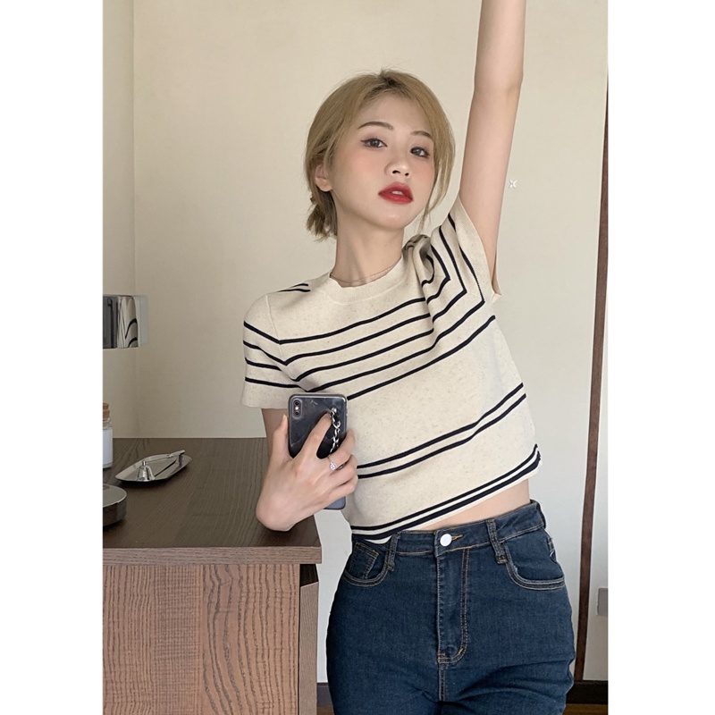 Xiaozhainv Korean Style Striped T Shirt Womens Short Sleeved Thin Knitted Top Shopee Malaysia 8287