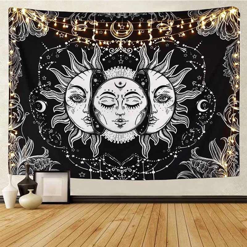 White Black Sun Moon Mandala Tapestry Wall Hanging Celestial Wall Tapestry Hippie Wall Carpets Dorm Decor Psychedelic