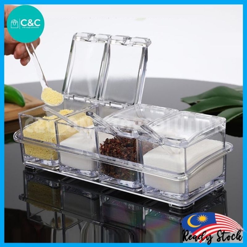 1 Set Spice Box Transparent Crystal Seasoning Box with Spoons Spice Jars Canisters Bekas Rempah Ratus Set 透明调味料盒子