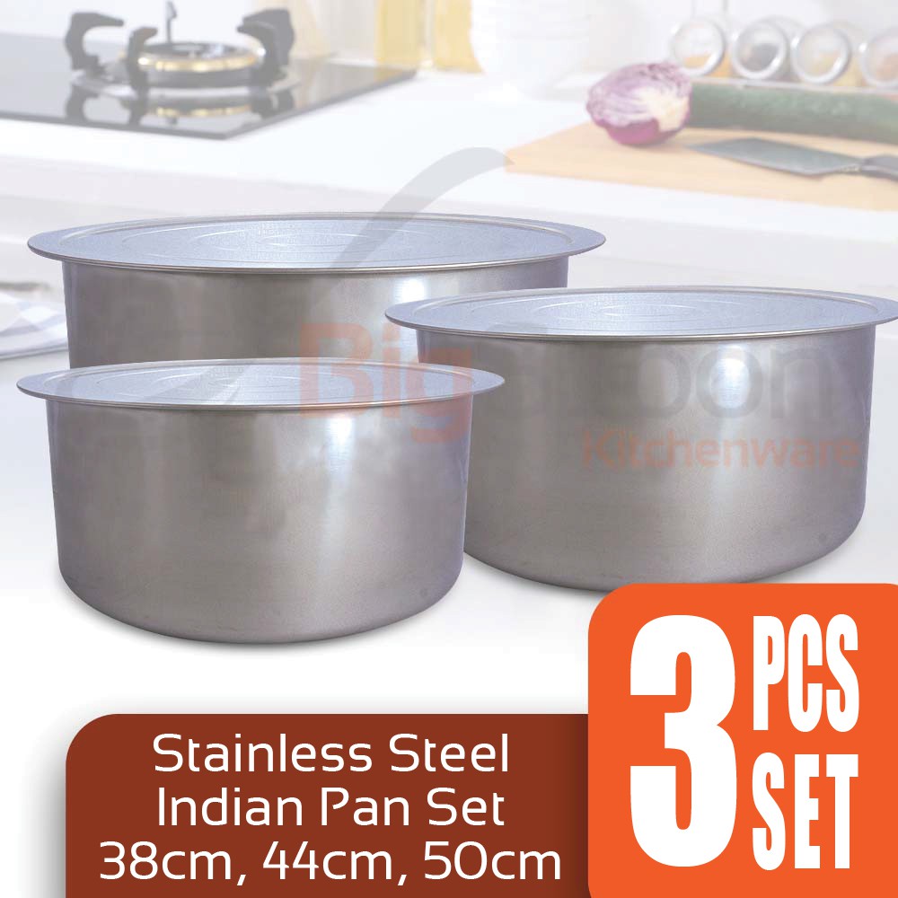 BIGSPOON 3-Pcs Cooking Pot Set Periuk Set Soup Pot 38/44/50cm Stainless Steel Cookware Set Indian Curry Sauce Pan 钢锅汤锅