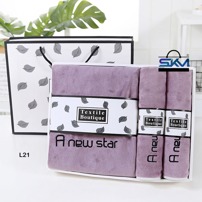 SKM Wording Soft & Comfortable Thickened Absorbent Gift Bath Towel Three-Piece Set Tuala L21 HM21