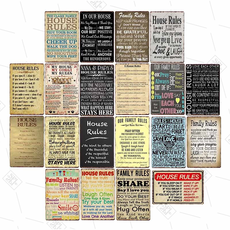 House Rules/Family Rules Metal Sign Tin Plate Vintage Shabby Chic Plaque Retro Wall Poster Home Decoration Iron Metal Paintings