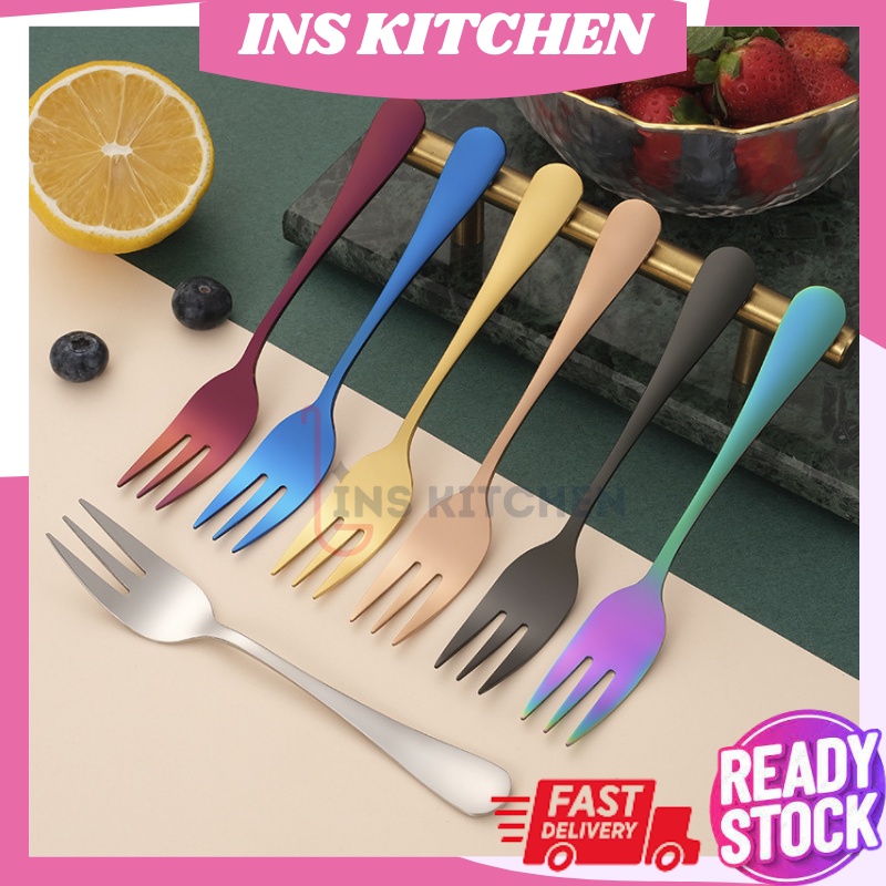 READY STOCK Stainless Steel Fork Dessert Fork Fruit Fork Case Fork Small Fork Gold Fork Kitchen Utensil 三齿蛋糕甜品叉子