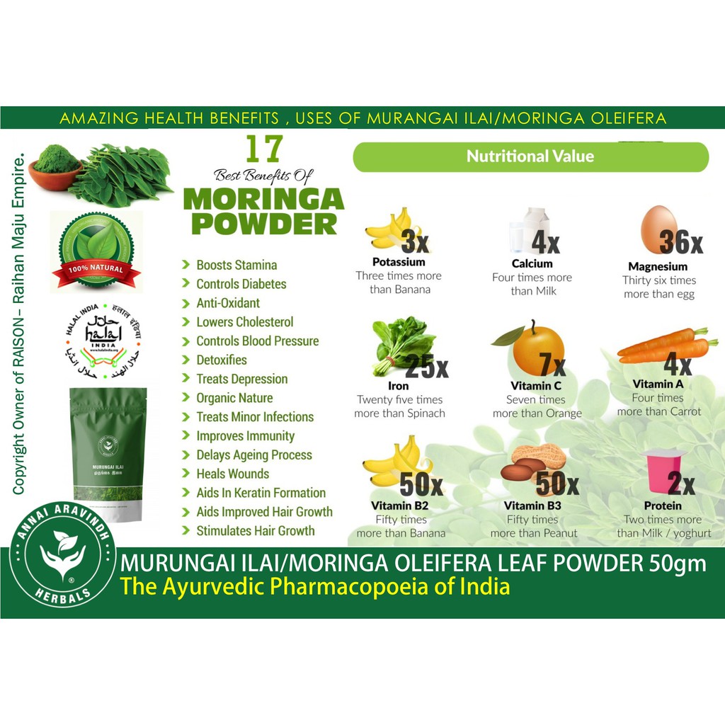 MURUNGAI ILAI/MORINGA OLEIFERA LEAF POWDER 50gm The Ayurvedic ...