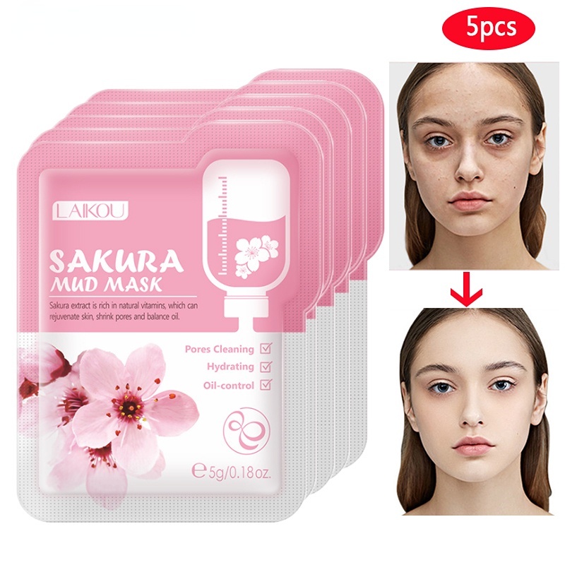 5pcs Japan Sakura Mud Face Mask Anti Wrinkle Night Facial Packs Skin Clean Dark Circle Moisturize Anti-Aging Skin Care
