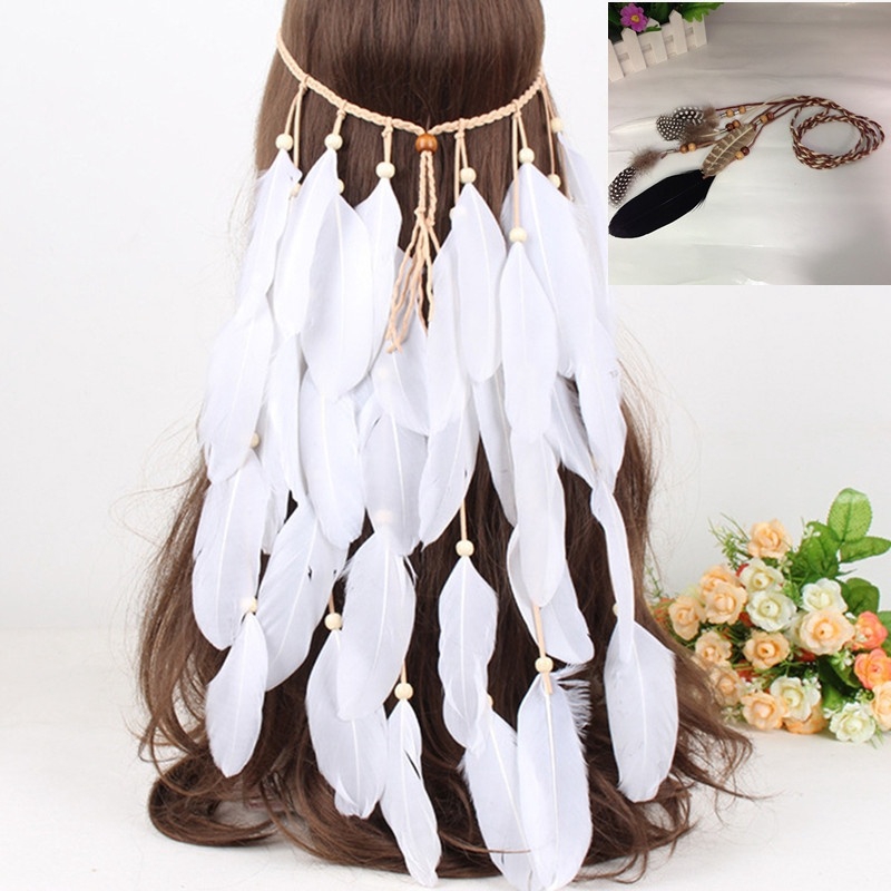 Boho Indian Feather Chain Headdress Tribal Hair Rope Hippie Party Headpieces