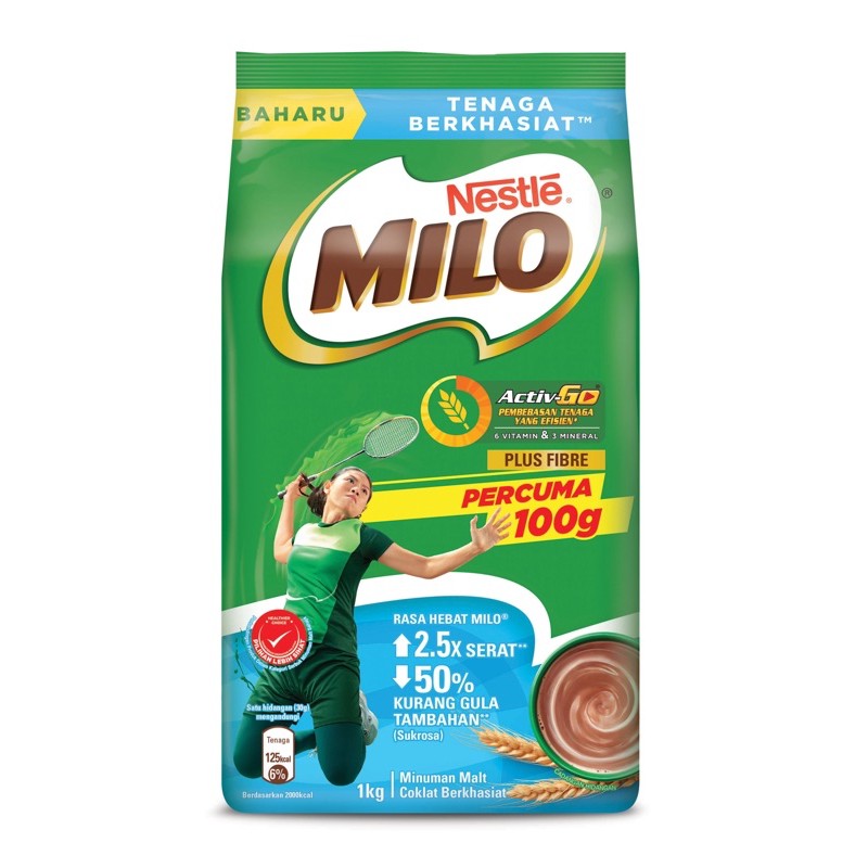 Nestle Activ-Go Milo Plus Fibre 900g FOC 100g = 1kg (EXP: 31 Jul 2021 ...