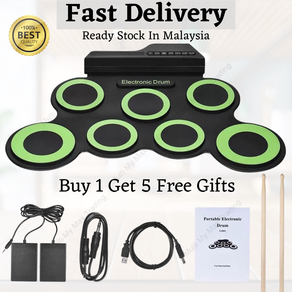 Electronic Drum Set USB Roll-Up Portable Foldable Silicon Drum Pad Kit with Stick (Green)