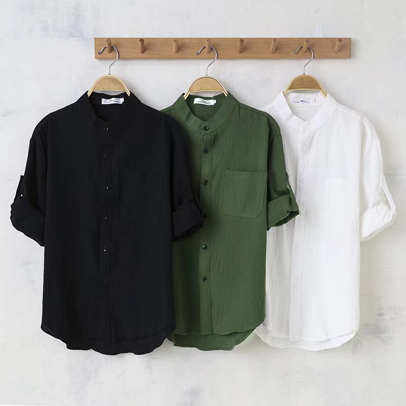 Ready StocksShirt MenSleeve Summer  Cotton Hemp Quarter Seven Shirt Solid Color Versatile Men's Shirt casual shirt kemeja lelaki