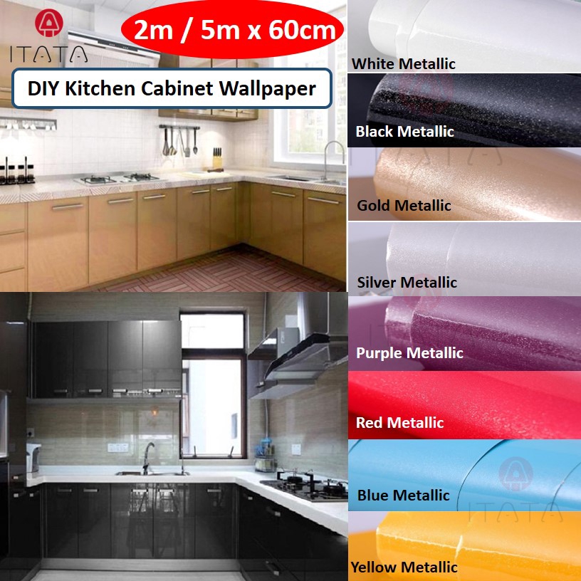 No Need Glue 60cm X 2m 5m Diy Cabinet Metallic Shining Shiny Wallpaper Furniture Sticker Film Perabot Kabinet Dapur Shopee Malaysia