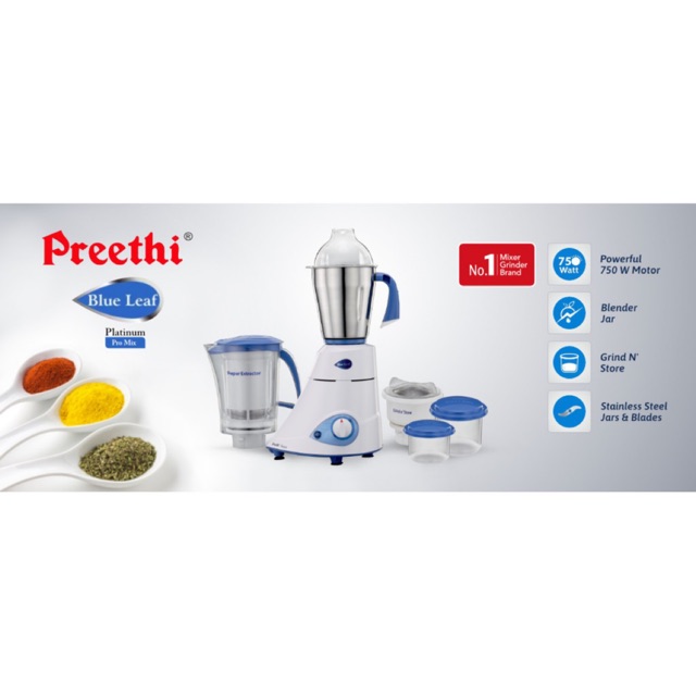 Preethi Blue Leaf Platinum 4 Jar-MG 139 750-Watt Mixer Grinder