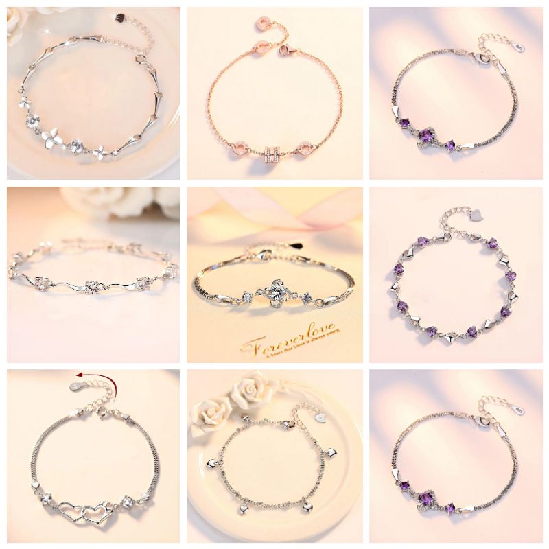 Gelang Tangan Perempuan Cantik Permata Ungu Perak S925 Silver Bracelet Ladies Fashion Purple Crystal Love Design Best