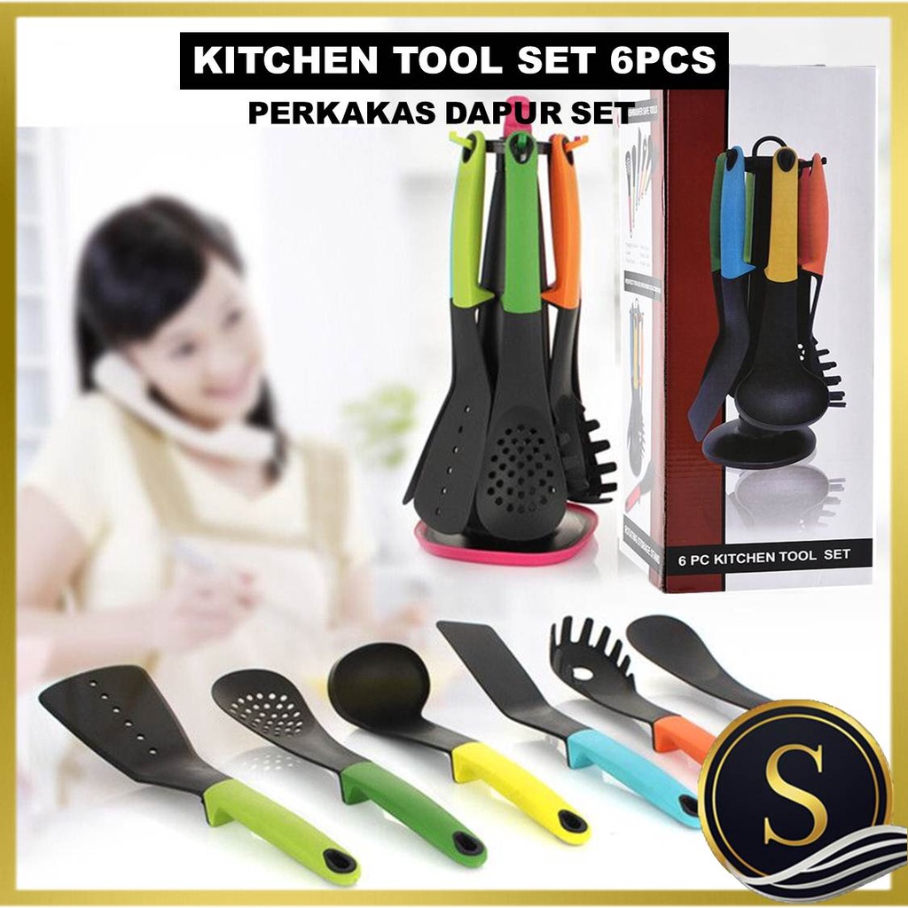 Kitchen Tool Set 6pc Dishwasher Safe Tools NONSITCK Spaghetti Server Ladle Solid Spoon Slotted Spoon Flexible Turner