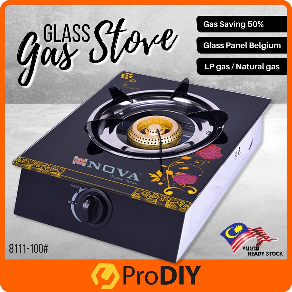 8111-100# Single Burner Glass Gas Stove Burner Tempered Glass Stainless Body Cooking Stove Dapur Gas 煤气灶 RANDOM DESIGN