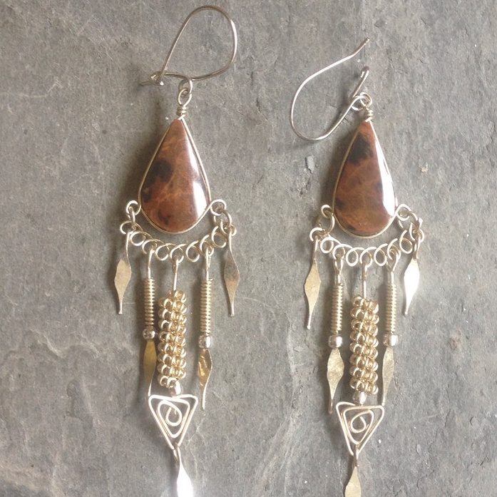 Handcrafted Mahogany Obsidian Rock Jewelry Stone Peruvian Earrings