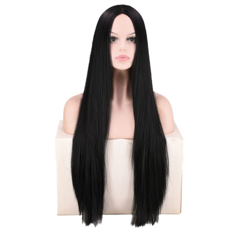 Synthetic Long Straight Hair Wigs Black Color Middle Part Heat