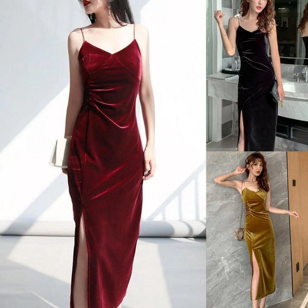 【S-3XL】Satin Sleeveless V-Neck Dress/Night club women's dress sexy popular mid long side slit gold velvet bottom strap dress red long skirt sexy woman